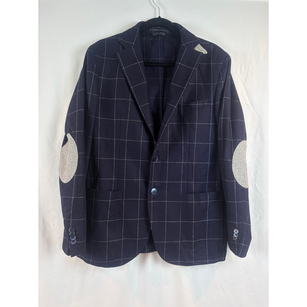 L.B.M. 1911 Italy Navy Blue Windowpane Virgin Wool Blazer Elbow Patches 52R 2892
